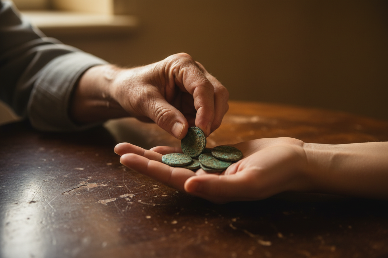 Close-up of an elderly hand passing a small pile of old coins into a younger hand over a dark wooden table. Coins show visible age and patina. Soft golden light, blurred background, emotional and timeless atmosphere. No faces visible. Cinematic photography style, shallow depth of field, heritage tone